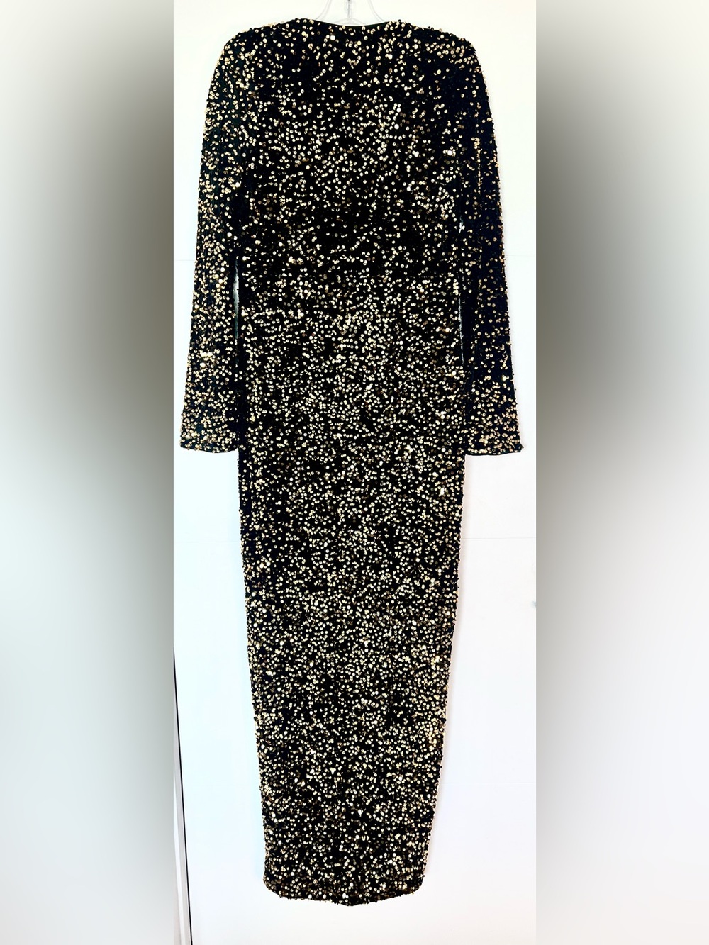 Faeristy Black Gold Sequin Maxi Dress XL Long Sleeve Formal Evening Party